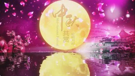 唯美海上明月花瓣飞舞中秋节大屏