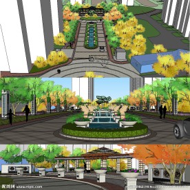小区大门景观sketchup