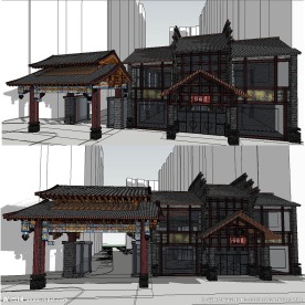 中式小区大门SU模型