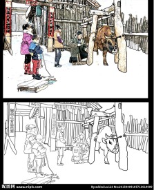 手绘东北农村给牛挂餦 独立线稿