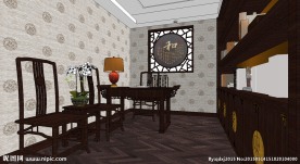 中式风格样板间书房SU模型设计