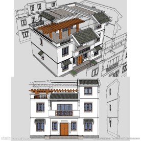 中式别墅SU模型建筑草图大师