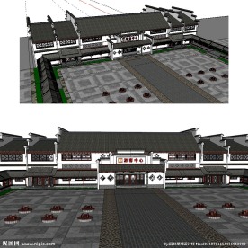 游客中心中式建筑草图大师模型