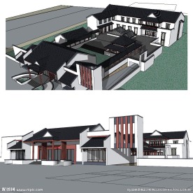 中式四合院建筑景观草图SU