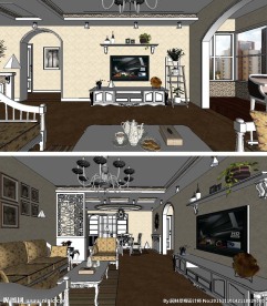 精品田园风格室内客餐厅SU模型