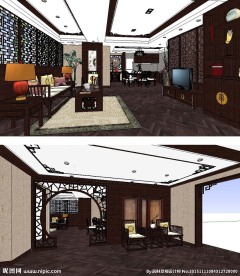 中式客餐厅室内草图SU模型