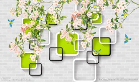 立体格子砖墙背景花鸟壁画