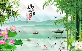 山水情中式荷花山水背景墙