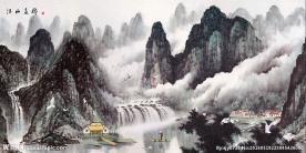 流水生财中式山水背景墙