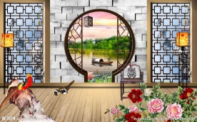 拱门烛台牡丹江景意境背景墙