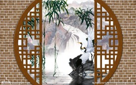 红砖拱门竹叶屏风瀑布山水画册