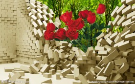 砖墙倒塌玫瑰立体效果分层设计