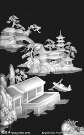 山水人物房子风景书柜屏风灰度图
