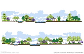 公园景观手绘风格剖面图psd