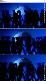 转动的地球和来回走动的人物剪影