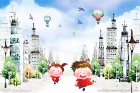 手绘水彩城市建筑背景