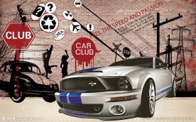 赛车复古怀旧剪影砖墙背景墙