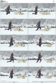 牵着狗狗雪地奔跑