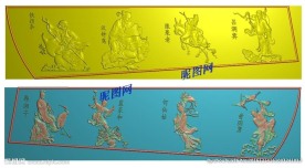 八仙过海棺材左右帮精雕浮雕灰度