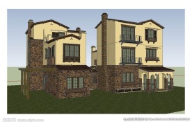 西班牙风格双拼建筑草图大师SU