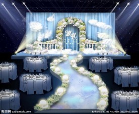 鲜花拱门满天星梦幻蓝色婚礼舞台