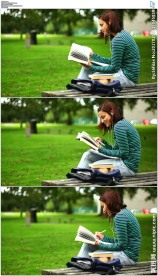 女学生在草地公园凳子上听歌看书