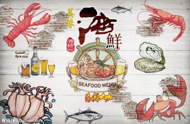 手绘卡通海鲜背景墙