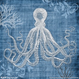 蓝色章鱼复古装饰画