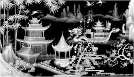 山水船灰度精雕图