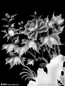牡丹芙蓉花浮雕灰度图