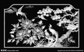 牡丹花鸟灰度精雕图
