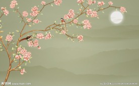 新中式手绘花鸟电视背景墙