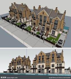 草图大师三拼别墅模型