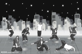 手绘黑白街舞人物城市背景