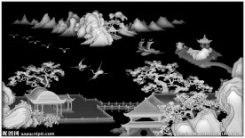 山水背板精雕灰度图