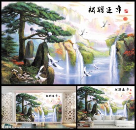 松鹤延年背景墙壁画中国山水画