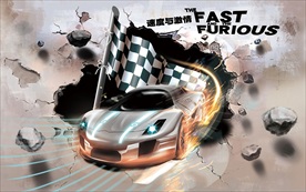 3D赛车穿墙背景墙装饰画