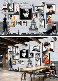 奥黛丽赫本老照片怀旧木纹背景墙