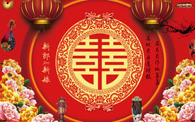大红金色中式婚礼舞台迎宾背景板