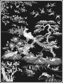 百鸟朝凤牡丹精雕浮雕灰度