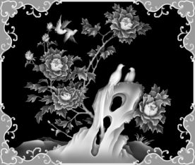 牡丹花鸟花开富贵精雕灰度