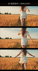 女孩奔跑在麦田里实拍4k视频