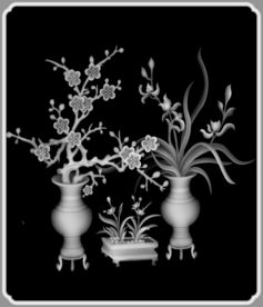 兰花梅花花瓶精雕浮雕灰度