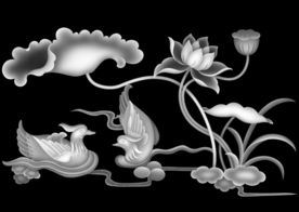 荷花鸳鸯精雕浮雕灰度