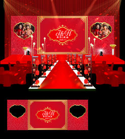 大红金色中式欧式婚礼舞台背景