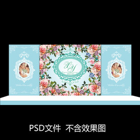 蓝色水彩牡丹花花卉婚礼舞台背景