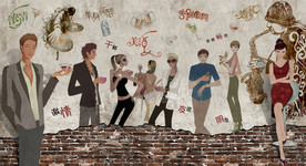 手绘时尚酒吧人物背景墙