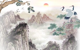 国画迎客松手绘山脉电视背景墙