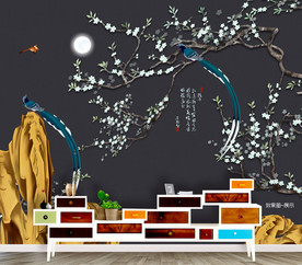 手绘花鸟画 新中式风格唯美壁画