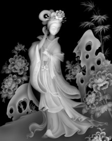 牡丹花古代人物贵妃精雕浮雕灰度
